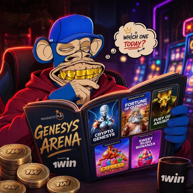 A Bored Ape-style cartoon character with gold teeth flips through a "Genesys Arena" tournament catalog by Pragmatic Play on 1win, choosing between titles like Crypto Genesys, Fortune of Olympus, Fury of Anubis, and Sweet Rush Bonanza, with a thought bubble asking "Which one today?" — perfectly matching the post's indecision over which of the 5 tournament games to play.