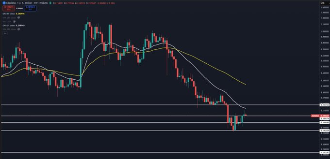 A candlestick chart of Cardano (ADA/USD) on TradingView shows the price attempting a recovery, currently around 0.2314, with the white 21 EMA line hovering above near 0.2390 and the yellow 50 EMA around 0.2503, reflecting the post's note that ADA is climbing toward but not yet ready to retake the 21EMA.