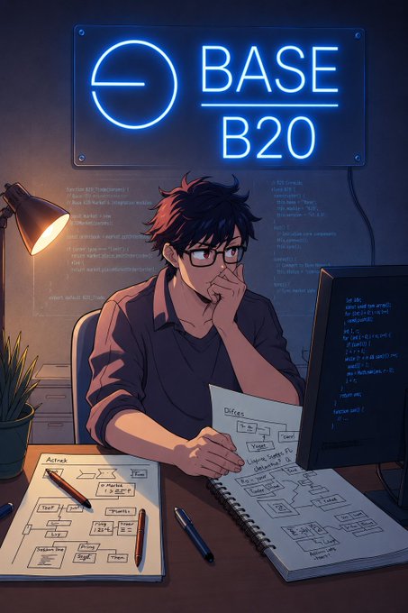 A developer studies hand-drawn flowcharts and diagrams under a neon "BASE B20" sign, symbolizing the technical analysis of Base network's recent two-hour outage caused by an invalid block produced by its single sequencer architecture during the Beryl upgrade.