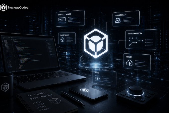 A promotional graphic for 'NucleusCodes' features a laptop and smartphone surrounded by floating digital interface elements like 'CONTEXT AWARE', 'COLLABORATE', and 'BUILD' in a dark, high-tech setting.