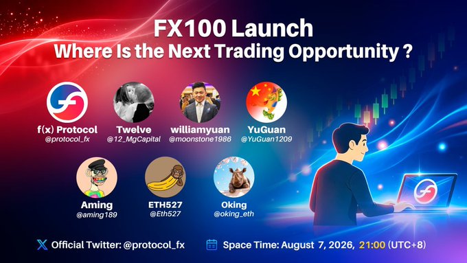 Promotional banner for 'FX100 Launch - Where Is the Next Trading Opportunity?' featuring speakers f(x) Protocol, Twelve, williamyuan, YuGuan, Aming, ETH527, and Oking, scheduled for August 7, 2026 at 21:00 UTC+8.