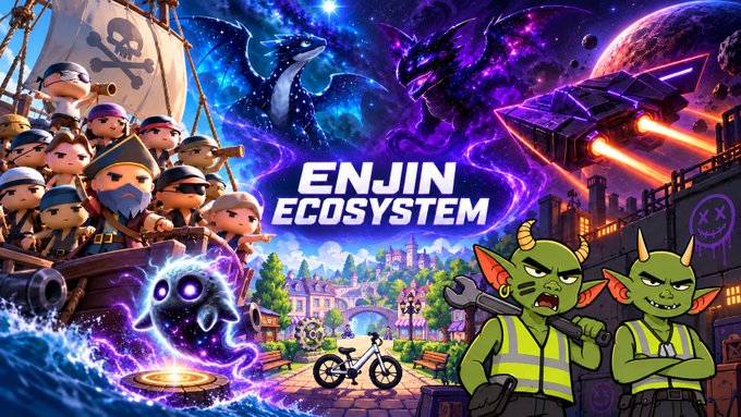 A vibrant promotional banner for the 'ENJIN ECOSYSTEM' featuring cartoon pirates, a dragon, goblins, and spaceships in a fantasy setting.