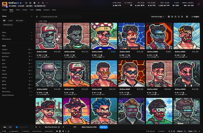 A screenshot of the GLHFers NFT marketplace on the OKX Web3 Marketplace, displaying a grid of pixel-art character collectibles priced in ETH, with sorting filters for traits like Background, Eyes, and Hats on the left sidebar.