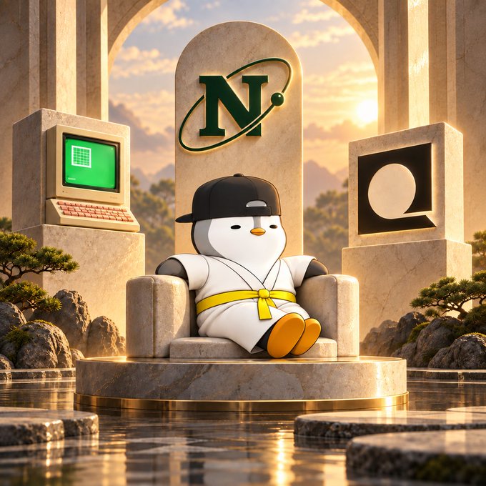A 3D rendered scene featuring a penguin character wearing a martial arts uniform and black cap, sitting in a stone throne with an 'N' logo above, flanked by a vintage computer and a framed symbol.