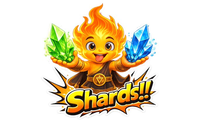 A cheerful fire elemental character proudly displays green and blue crystals above the bold yellow text "Shards!!" — capturing the excitement of unlocking in-game rewards like Shards and NFTs mentioned in the post about VulcanX's quest-driven gameplay and the $PYR ecosystem.