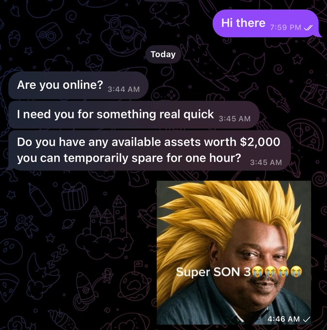 A screenshot of a chat conversation with a suspicious message asking for $2,000, followed by a meme image of a man with Super Saiyan hair captioned 'Super SON' with crying emojis.