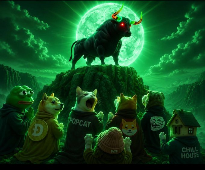 A dark bull with glowing red eyes stands atop a cliff before a green moon, while below, a group of meme coin mascots—including Doge, Popcat, a Shiba Inu, a Pepe figure, and others wearing hoodies labeled "WIF" and "CHILL HOUSE"—bow in reverence, depicting the legendary $ANSEM as the supreme leader of all meme coins.