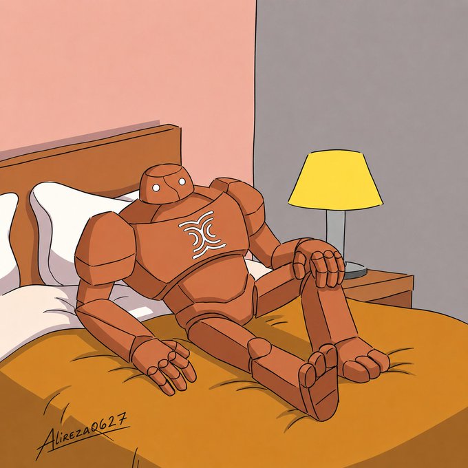 A digital illustration of a golem-like stone robot sitting on a bed next to a nightstand with a yellow lamp, signed 'Alireza0627'.