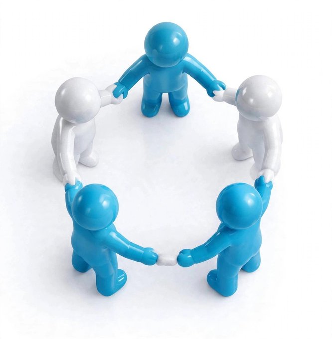 Five small plastic figurines in alternating blue and white colors stand in a circle holding hands on a white surface, symbolizing unity or teamwork.