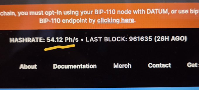 Close-up of a screen displaying mining statistics including HASHRATE: 54.12 Ph/s and LAST BLOCK: 961635 (26H AGO), along with a notice about BIP-110 endpoint opt-in.