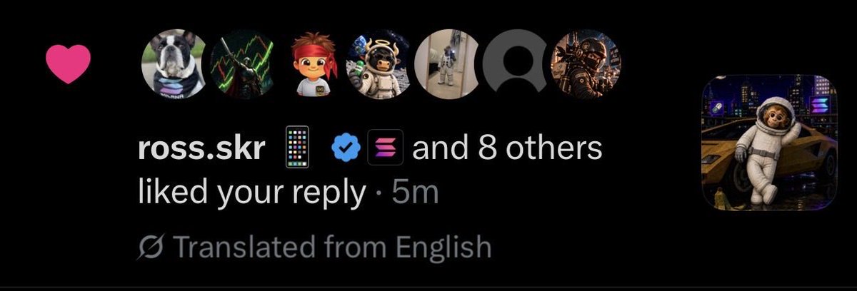 A social media notification screenshot showing that 'ross.skr' and 8 others liked a reply, featuring several user profile pictures and translated from English.