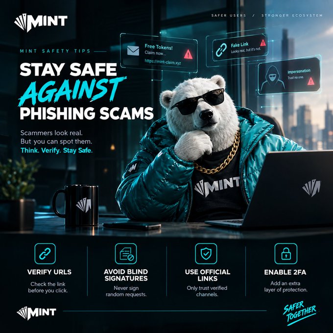 A 'MINT Safety Tips' infographic warning to 'Stay Safe Against Phishing Scams,' featuring a polar bear in sunglasses at a laptop and tips like 'Verify URLs,' 'Avoid Blind Signatures,' 'Use Official Links,' and 'Enable 2FA.'