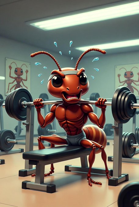 A digital illustration of a muscular, sweating red cartoon ant lifting heavy weights on a bench press in a gym with ant posters on the wall.