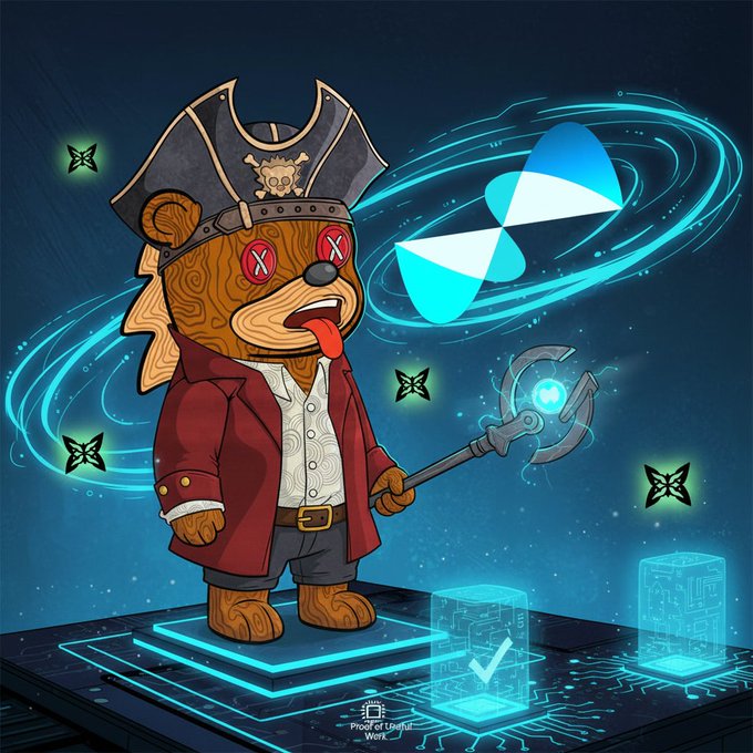 A cartoon pirate bear wearing a tricorn hat, holding a glowing anchor staff, with the XRP/Sedona logo swirling above on a cyberpunk circuit-board platform.