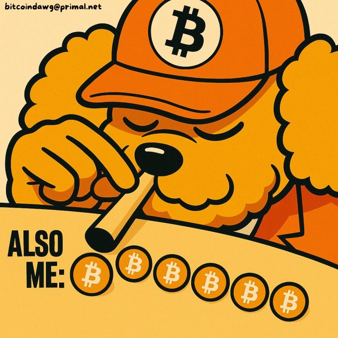 A cartoon illustration of the Bitcoin dog wearing an orange cap, smoking a cigarette, with text "ALSO ME:" followed by multiple Bitcoin logos, from bitcoindawg@primal.net.