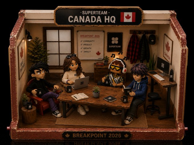 A miniature diorama depicting the 'SUPERTEAM CANADA HQ' for Breakpoint 2026, featuring four figures (one constructed from LEGO-style bricks with pixelated sunglasses) gathered around a table in a cozy, wood-paneled room adorned with Canadian flags and a checklist reading 'Community, Product, Growth, Impact.'