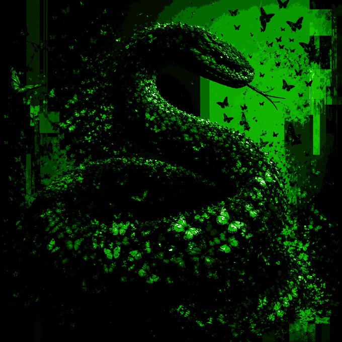 An artistic dark green digital illustration of a coiled snake covered in butterflies, rendered in a high-contrast, grungy style with a glowing green background.
