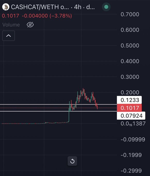 A 4-hour candlestick chart of CASHCAT/WETH shows the token's price currently at 0.1017, down 3.78%, having peaked around 0.20 before pulling back to a support zone between 0.07924 and 0.1233, indicating a potential entry point for the "Genny" trade.