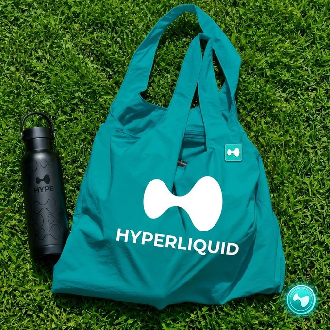 A teal reusable shopping bag branded with the 'HYPERLIQUID' logo and a bone-shaped symbol rests on grass next to a matching black water bottle.