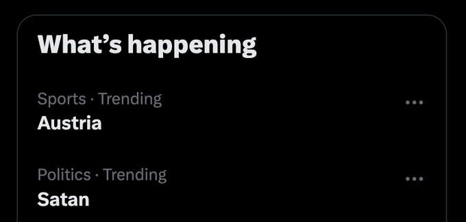 A screenshot of a "What's happening" trending feed displays "Sports · Trending: Austria" and "Politics · Trending: Satan," which directly relates to the user's question about why these terms are trending on the app.