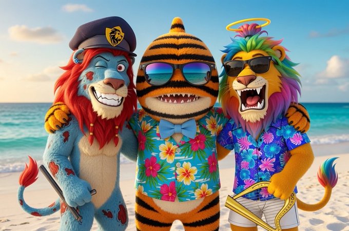Three anthropomorphic characters—a pirate lion, a tiger in sunglasses and a Hawaiian shirt, and a multicolored-maned lion wearing a fur hoodie—pose arm-in-arm on a sunny beach, with the two lions playfully showing their teeth to match the post's "Lions, Tigers, and Sharks... They All Bite" theme promoting the Lazy Lions and BiteClub NFT collaborations.