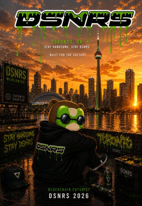 DSNRS Toronto Chapter stylized poster featuring a bear mascot in a DSNRS hoodie overlooking the Toronto skyline, with text 'TORONTO, ON - STAY HANDSOME, STAY DSNRS - BUILT FOR THE CULTURE' and 'BLOCKCHAIN FUTURIST DSNRS 2026'.