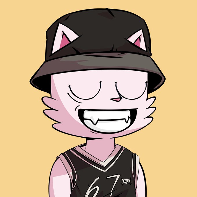 Cartoon illustration of a smiling cat character wearing a black bucket hat with cat ears and a black jersey with '67' on it.