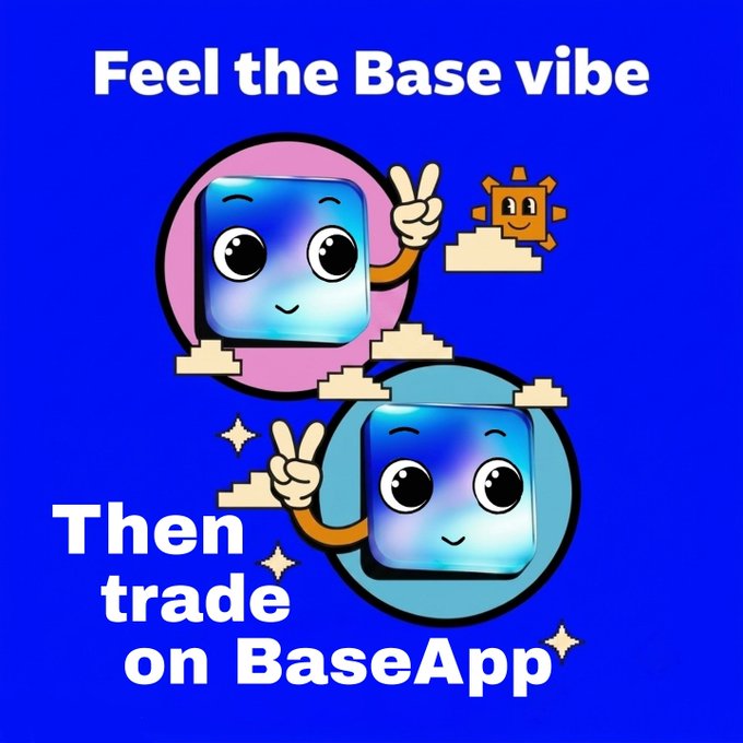 The image presents two cartoon-like characters with blue and orange colors against a dark blue background. They both have arms raised and are depicted as happy or excited poses. The text reads "Feel the Base vibe, then trade on @baseapp", which suggests that these characters might be related to a base game or app. The message seems to encourage users to enjoy the base-themed atmosphere by engaging with the base game or app in question.
