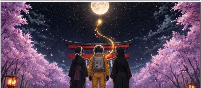 A stylized night illustration shows an astronaut and two black-clad figures facing a red torii gate beneath a full moon, surrounded by pink cherry blossoms and a glowing golden trail.