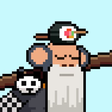 A pixel art illustration of a character wearing a medical cap with a red cross and headphones, holding a rifle, with a small skeleton-like creature beside them.