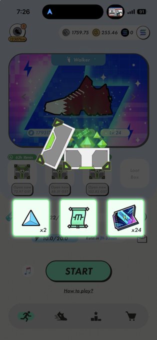 A mobile game interface showing a sneaker item called 'Walker' with stats 1791 and level 24, displaying resources like 1759.75 coins and 255.46 gems, along with upgrade items including x22 glass shards and x24 crystals.