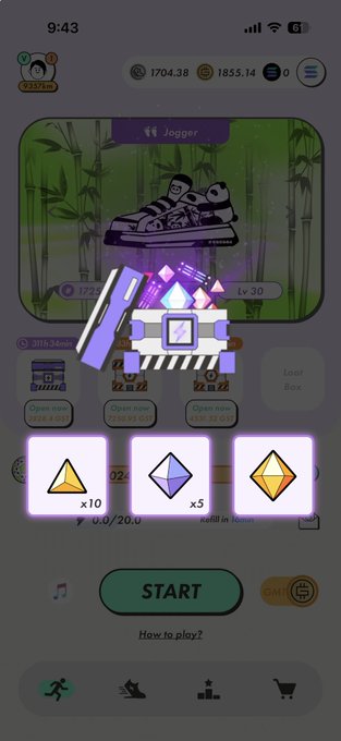 A mobile game screen displays a 'Jogger' level with a runner character on a treadmill, featuring three collectible gem rewards (10 yellow, 5 purple, 1 orange) and a green 'START' button at the bottom.