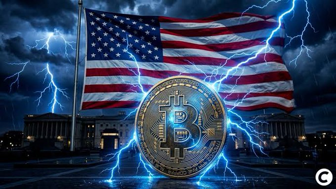 A Bitcoin coin is dramatically superimposed in front of a waving American flag and a government building, with lightning striking all around, symbolizing the US government's recent seizure and transfer of cryptocurrencies from cases like Bitfinex and FTX.