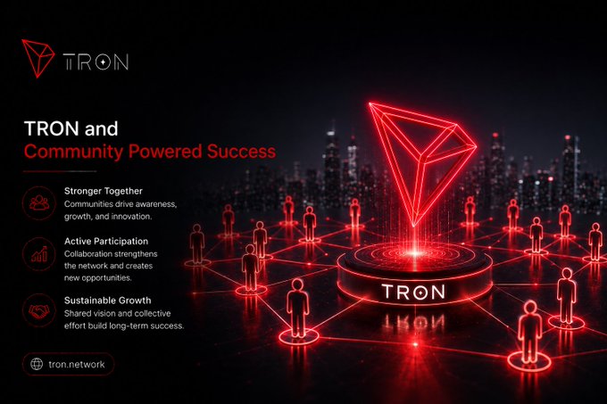 A promotional graphic for TRON blockchain featuring 'TRON and Community Powered Success' with sections on 'Stronger Together', 'Active Participation', and 'Sustainable Growth', along with the URL tron.network.