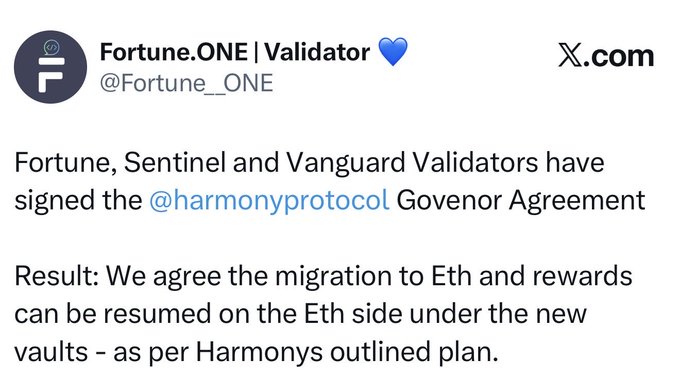 A tweet from @Fortune_ONE (Fortune.ONE | Validator) stating that Fortune, Sentinel, and Vanguard Validators have signed the @harmonyprotocol Govenor Agreement to migrate to Eth.