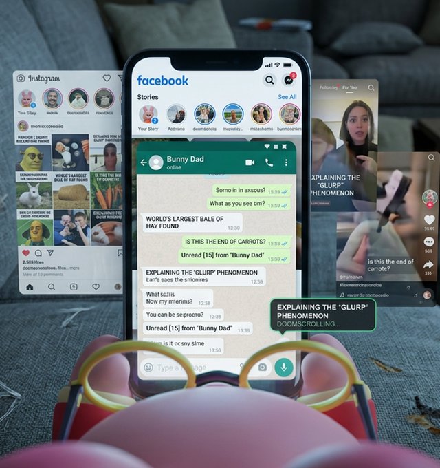 A first-person view through yellow-rimmed glasses shows a smartphone displaying Facebook, Instagram, and TikTok feeds filled with distracting content like "Bunny Dad" chats, "Bunny's Largest Bale of Hay," and "Explaining the 'Glurp' Phenomenon," with a chat bubble reading "DOOMSCROLLING..." The image perfectly illustrates the post's theme of being unable to stop scrolling through social media instead of checking PancakeSwap's Mystery Stock #19.