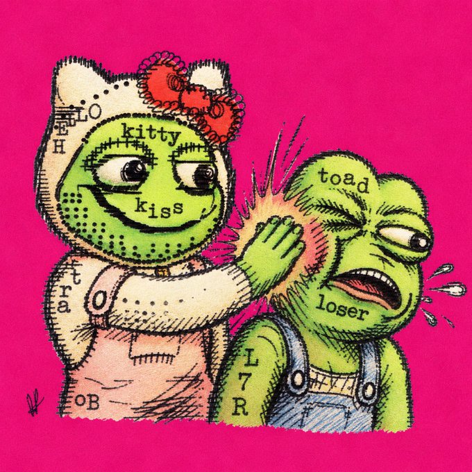 A pop-art style illustration on a hot pink background featuring Hello Kitty dressed as a frog labeled 'kitty kiss' slapping a frowning frog character labeled 'toad loser', with various random letters printed on their bodies.