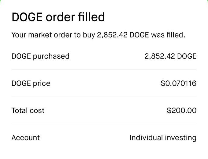 A confirmation notification showing the purchase of 2,852.42 DOGE at $0.070116 per coin for a total cost of $200.00 in an individual investing account, illustrating the "small wins accumulate" sentiment of adding to a Dogecoin stash during a favorable market window.