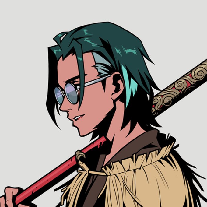 A stylized anime illustration of a character with teal hair, round sunglasses, and a straw cloak carrying an ornate red staff over his shoulder.