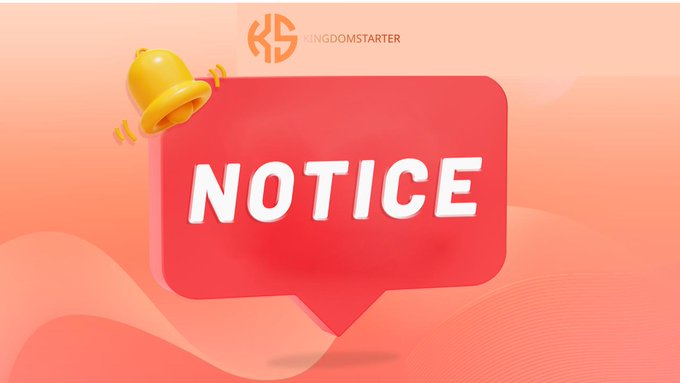 A red speech bubble with a yellow bell displays "NOTICE" and the "KS KINGDOMSTARTER" logo, indicating an update regarding CLIX network information on KingdomStarter's launchpad.