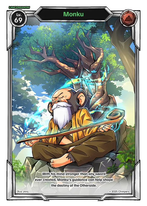 This image features an "uncommon" collectible card titled "Monku" (Level 69) from the "Chimpers" set, depicting a meditating monkey character with a long white beard. The card's flavor text describes Monku's mental strength and its connection to the "Otherside," matching the "Rise of the Hybrids" theme mentioned in the post.