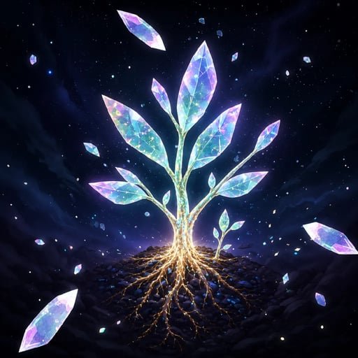 A digital illustration of a glowing crystalline plant with iridescent blue and purple leaves, set against a starry night sky with floating crystal shards.
