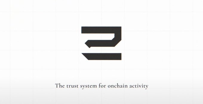A minimalist logo featuring a stylized geometric symbol with the tagline 'The trust system for onchain activity.'