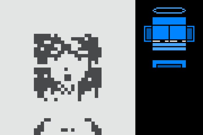 A pixel art portrait of a person's face on a light background alongside a pixel art blue robotic or technological figure on a black background.
