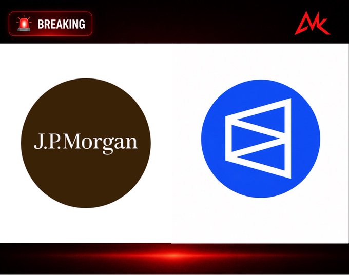 A breaking news graphic featuring the J.P. Morgan logo in a brown circle alongside a blue circular logo, with a red 'BREAKING' banner and 'MK' logo at the top.