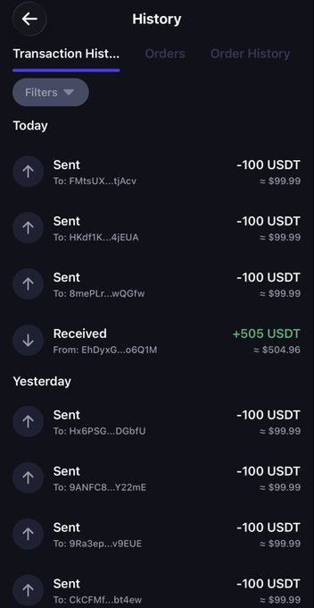 A crypto wallet “History” screen shows multiple **100 USDT (≈ $99.99)** outgoing payments, including three today, alongside a **+505 USDT (≈ $504.96)** incoming transaction. This visually supports the post’s claim of sending another $1,000 to seven subscribers/winners, with an additional $500 distribution planned for tonight’s space.