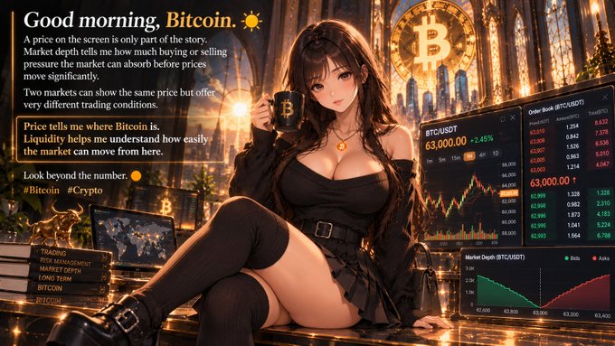 An anime-style illustration of a woman holding a Bitcoin-branded mug, surrounded by cryptocurrency trading charts and text explaining market depth and price, including 'Good morning, Bitcoin' and 'BTC/USDT 63,000.00'.