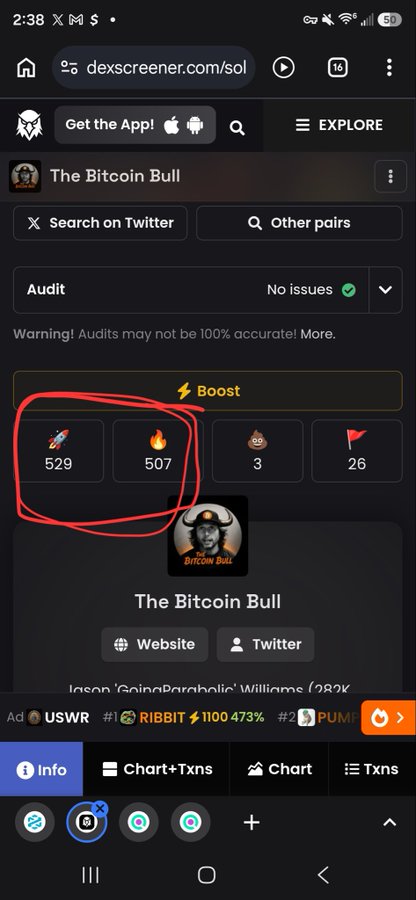 A screenshot from dexscreener.com shows "The Bitcoin Bull" ($TBB) token with 529 🚀 and 507 🔥 boost reactions circled in red, highlighting its recent popularity in support of a 24-hour giveaway where 25 people will receive $TBB airdrops.