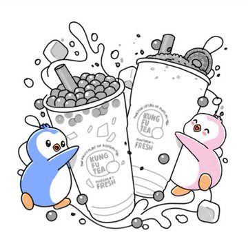 A black-and-white sketch shows two cartoon penguins from Pudgy Penguins joyfully hugging oversized bubble tea cups labeled "KUNG FU TEA" with "BUBBLE TEA OF AUTHENTIC FRESH" text, representing an early concept stage of the artist's boba-themed collaboration artwork before final coloring.