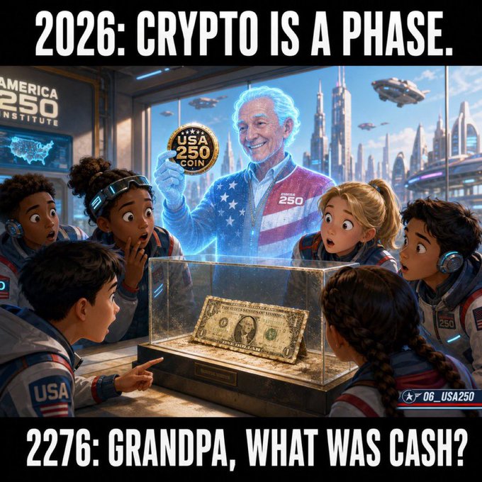 A futuristic meme with text '2026: CRYPTO IS A PHASE' at the top and '2276: GRANDPA, WHAT WAS CASH?' at the bottom, depicting children looking at a preserved dollar bill under glass while a holographic figure holds a 'USA 250 COIN'.